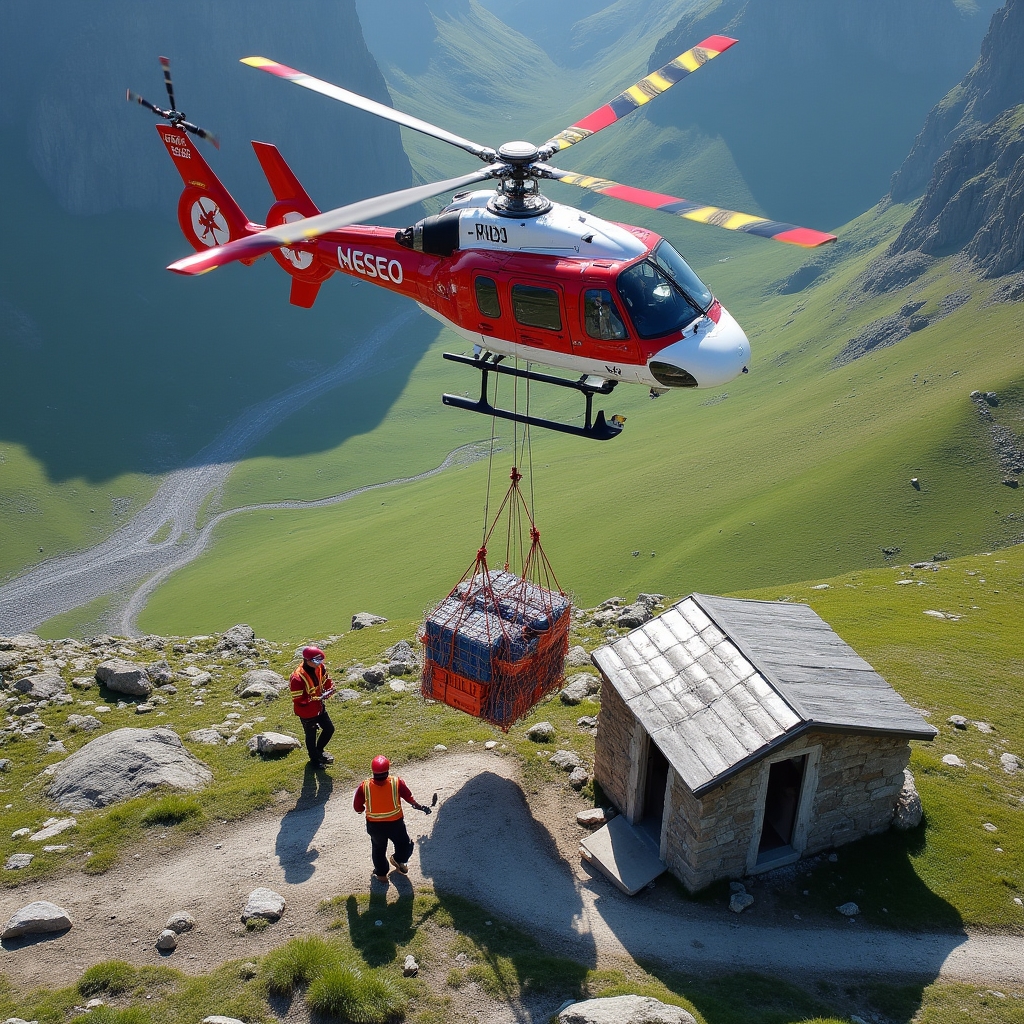 Elicottero in fase di rifornimento di un rifugio alpino in quota