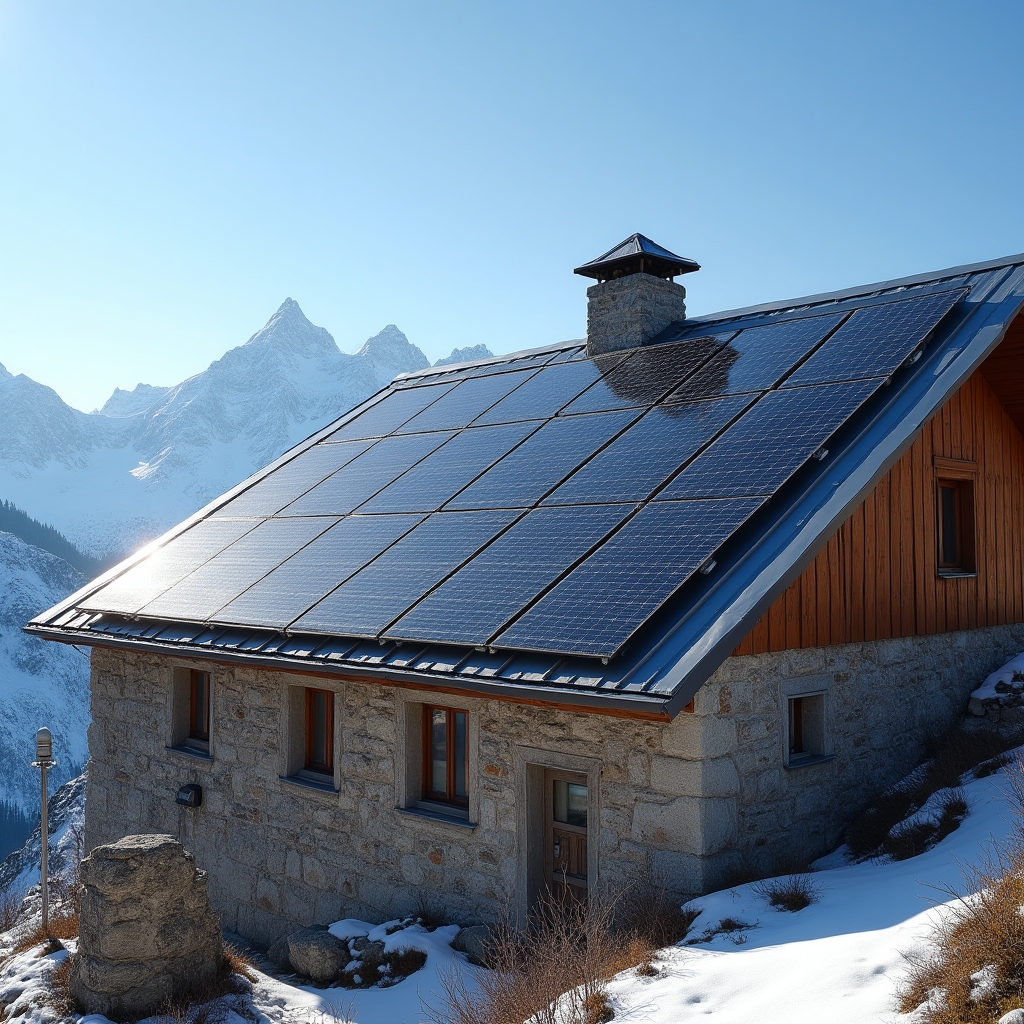 Pannelli fotovoltaici installati sul tetto di un rifugio alpino in alta quota